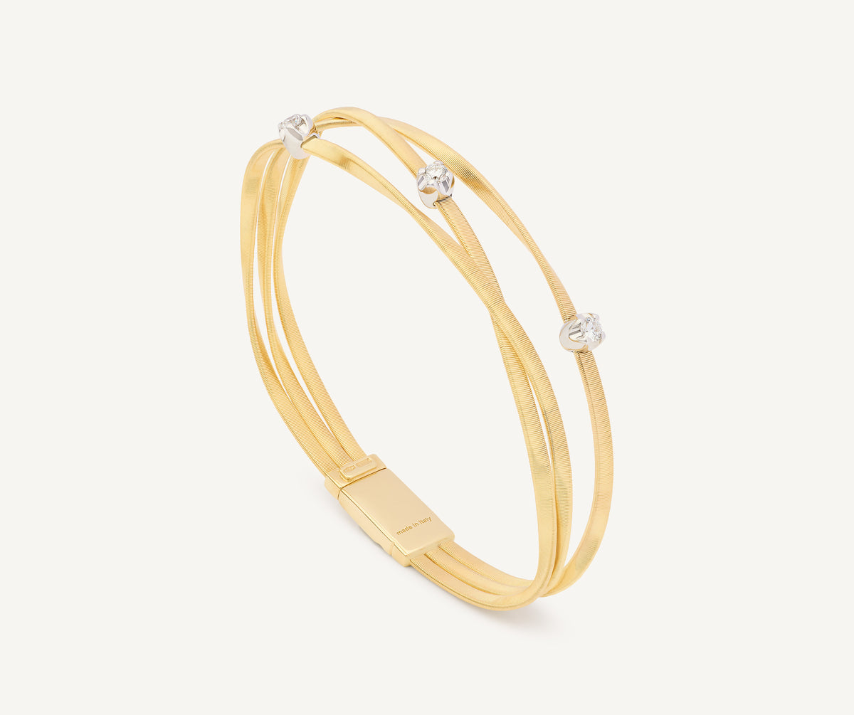 18K Yellow Gold Three Strand Coil Bracelet with Diamond Stations