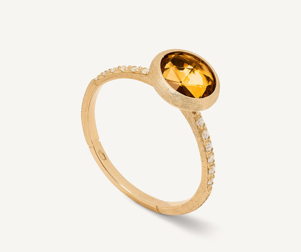 18K Yellow Gold Citrine Ring with Diamond Pavé Shank
