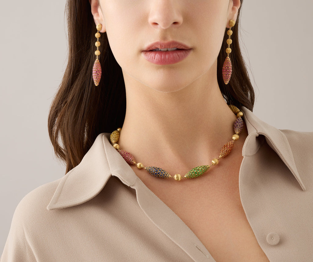 AFRICA 18K Yellow Gold Chandelier Earrings with Pink Sapphire Pavé