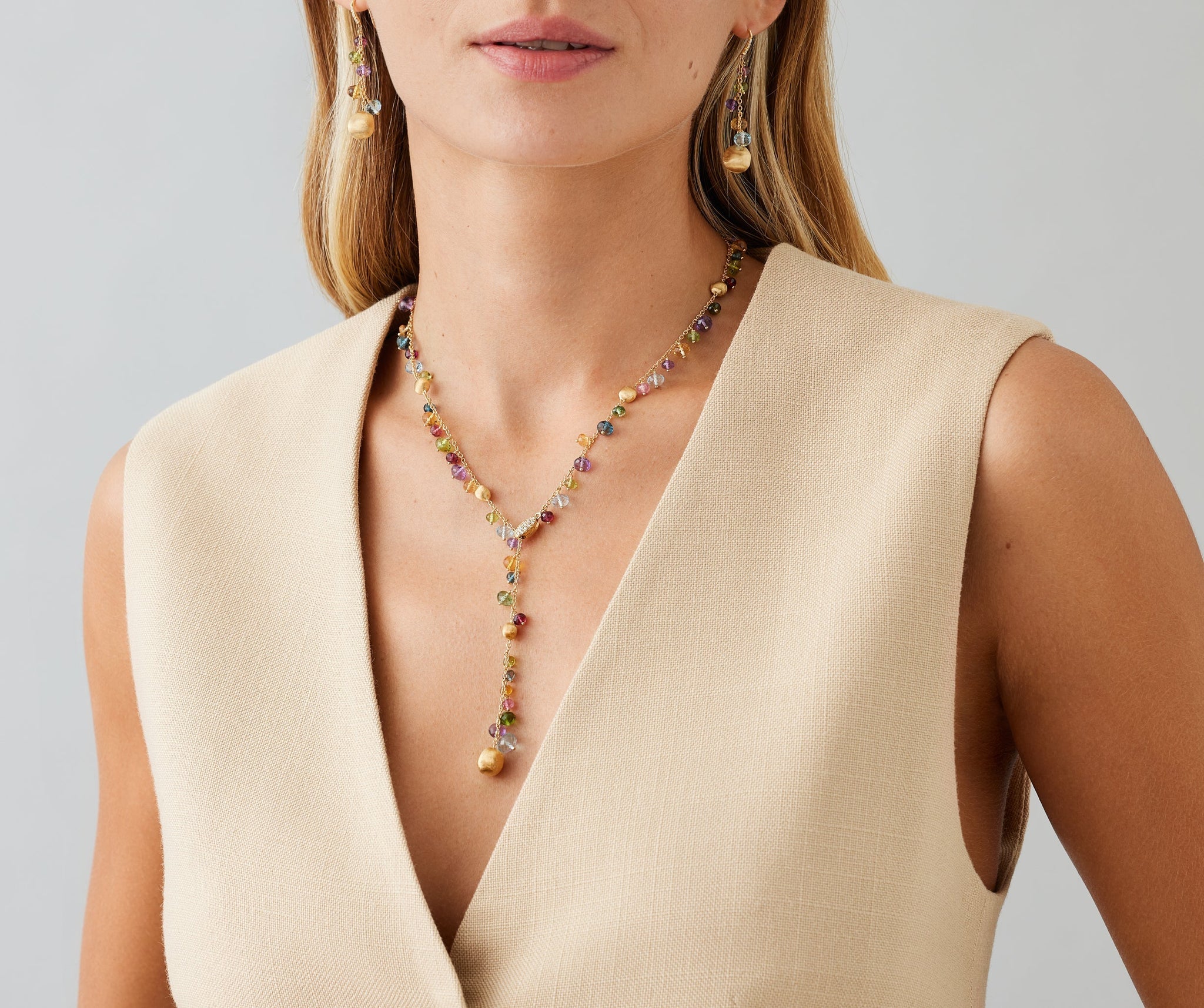 18K Yellow Gold Mixed Gemstone Lariat with Diamond Pavé Clasp