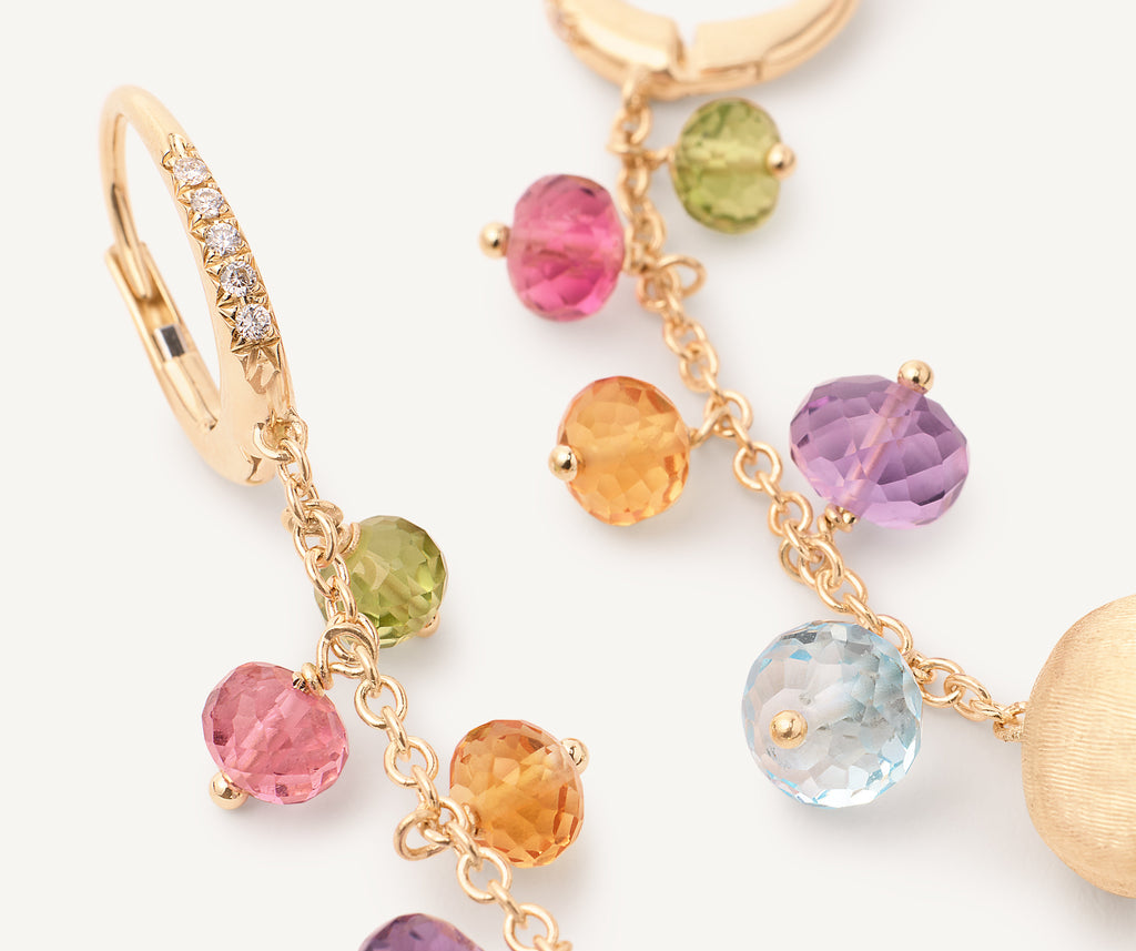 AFRICA 18K Yellow Gold Mixed Gemstone Long Drop Earrings with Diamond Pavé Clip OB1861-MB_MIX02_Y_02