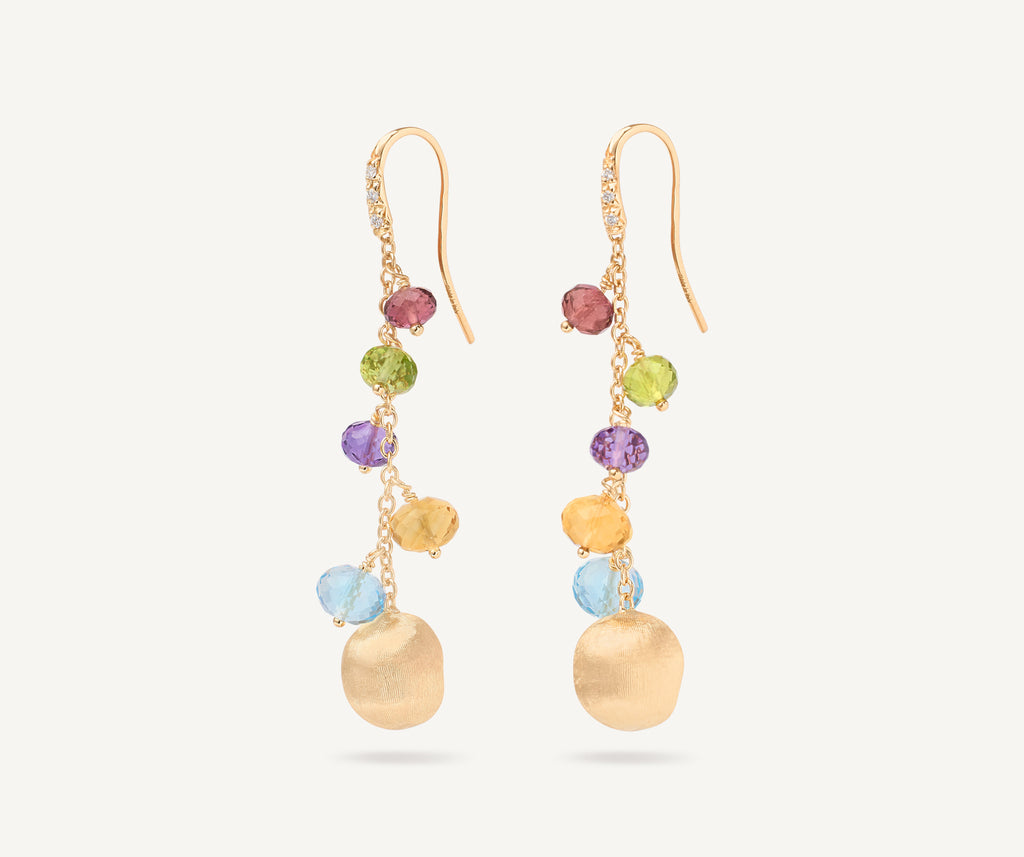 AFRICA 18K Yellow Gold Mixed Gemstone Long Drop Earrings with Diamond Pavé Hook OB1861-AB_MIX02_Y_02