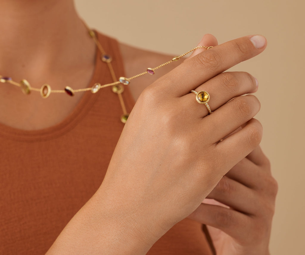 JAIPUR COLOR 18K Yellow Gold Gemstone Ring with Diamond Pavé Shank