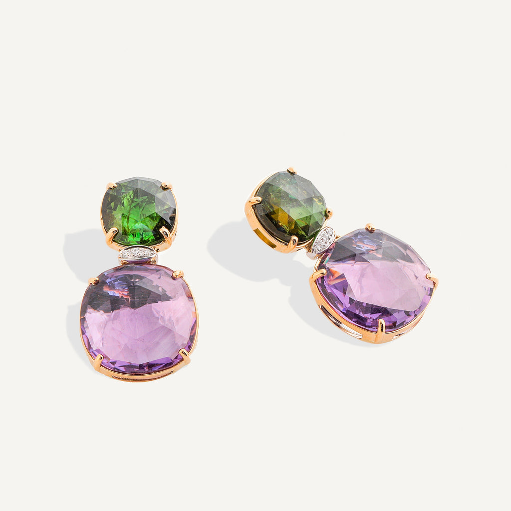 JAIPUR COLOR 18K Yellow Gold Green Tourmaline and Amethyst Drop Earrings with Diamonds OB1803-B_MIX186_YW_Q6
