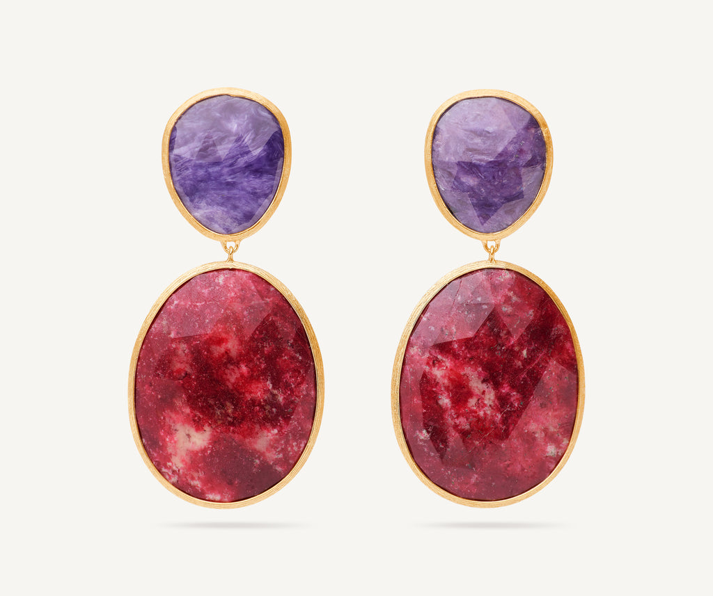 LUNARIA 18K Yellow Gold Double Drop Earrings with Charoite and Thulite OB1404_CIATUL_Y_02