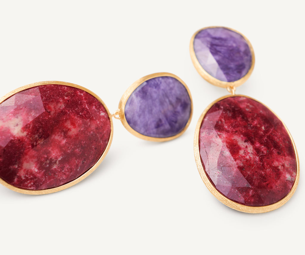 LUNARIA 18K Yellow Gold Double Drop Earrings with Charoite and Thulite OB1404_CIATUL_Y_02