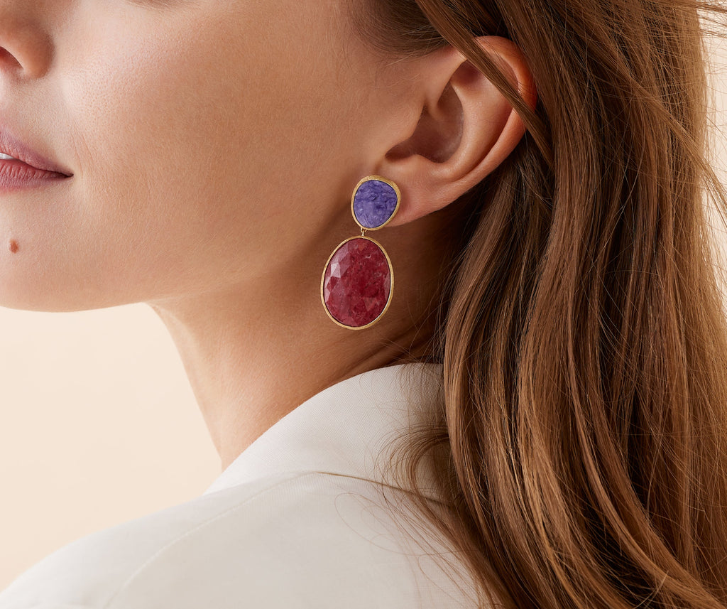 LUNARIA 18K Yellow Gold Double Drop Earrings with Charoite and Thulite OB1404_CIATUL_Y_02