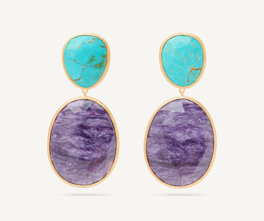 LUNARIA 18K Yellow Gold Double Drop Earrings with Turquoise and Charoite OB1404_TUMCIA_Y_02