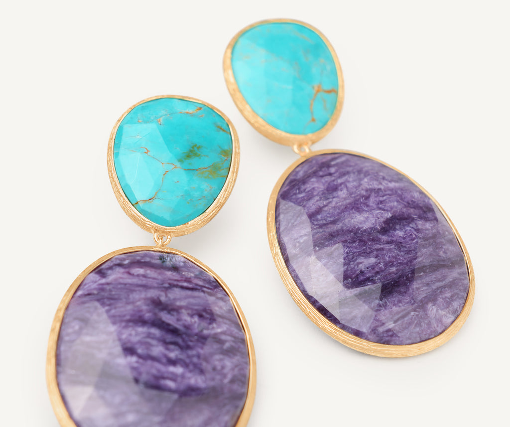 LUNARIA 18K Yellow Gold Double Drop Earrings with Turquoise and Charoite OB1404_TUMCIA_Y_02