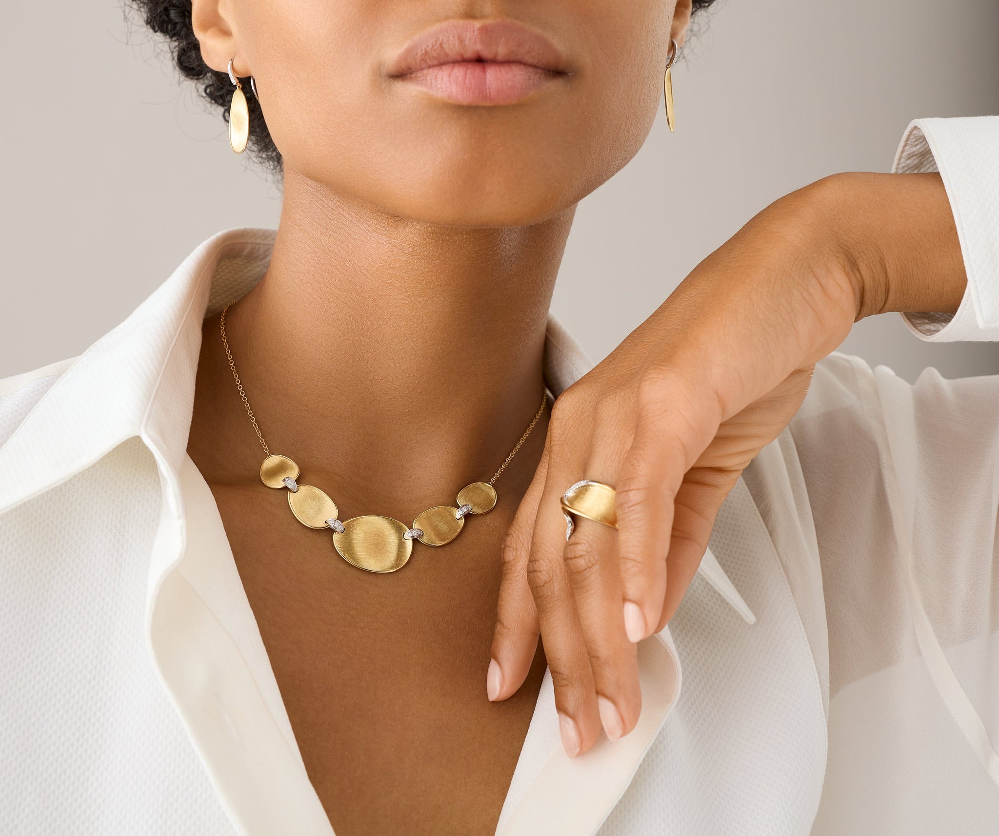 18K Yellow Gold Petal Halfsie Necklace with Diamonds, 16.5