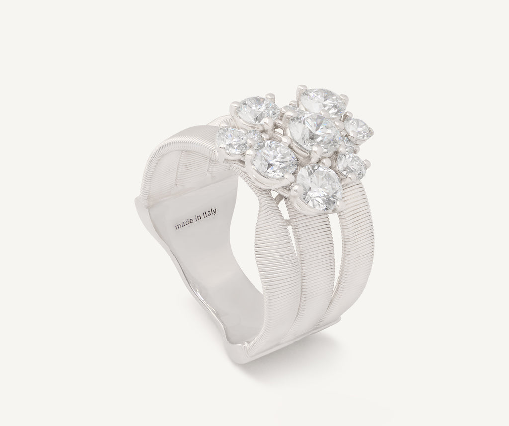 MARRAKECH 18K White Gold 3-Strand Ring with Diamond Floral Cluster