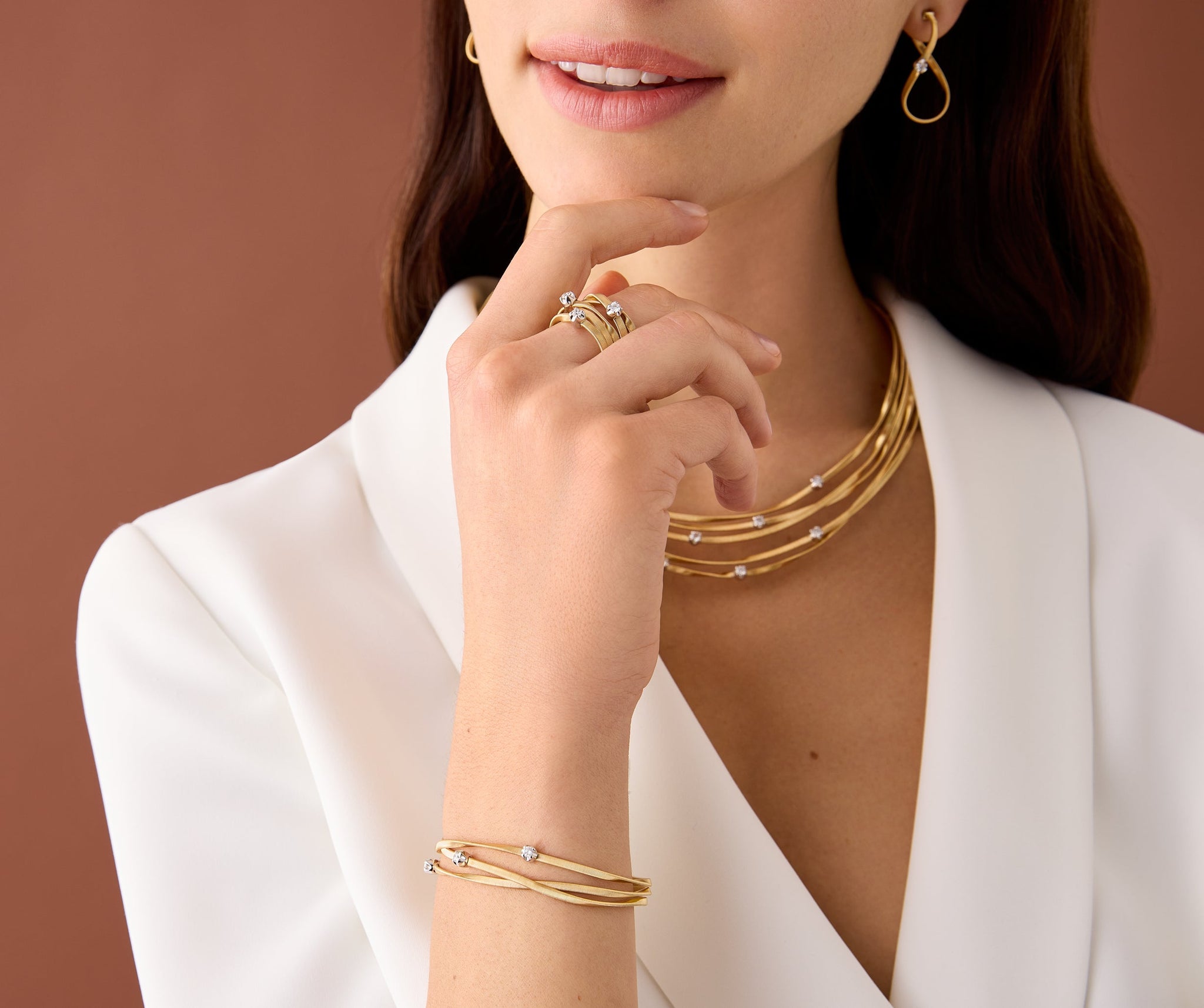 18K Yellow Gold Three Strand Coil Bracelet with Diamond Stations