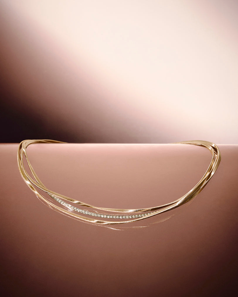 18K Yellow Gold 3-Strand Coil Necklace With Diamond Bar