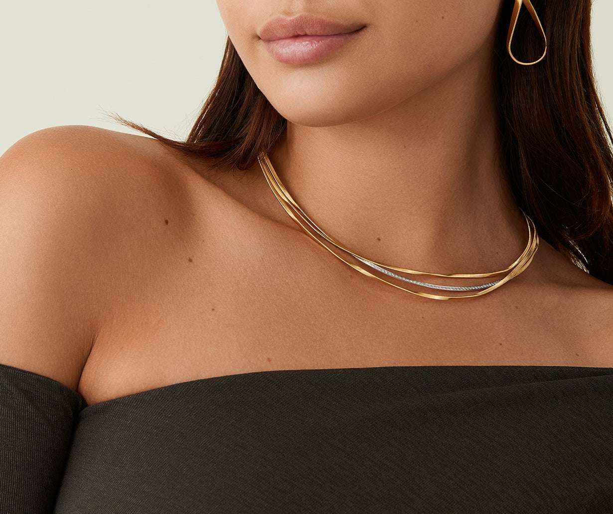 18K Yellow Gold 3-Strand Coil Necklace with Diamond Bar