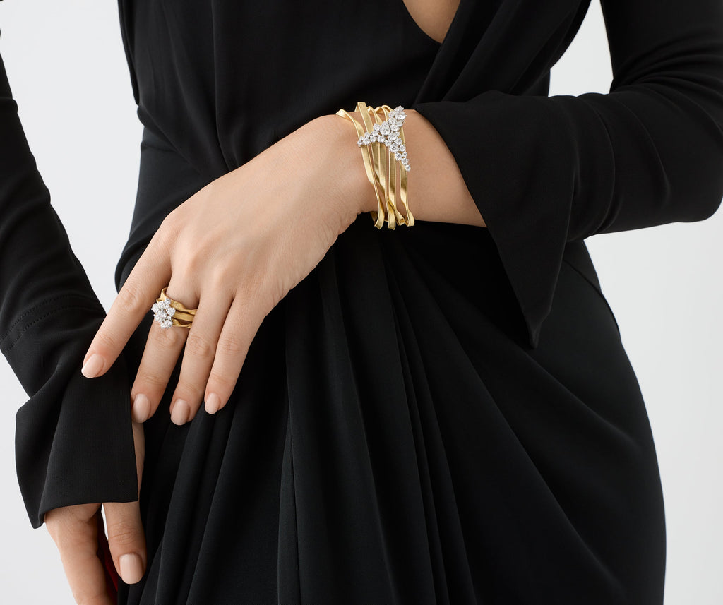 MARRAKECH 18K Yellow Gold 3-Strand Ring with Diamond Floral Cluster