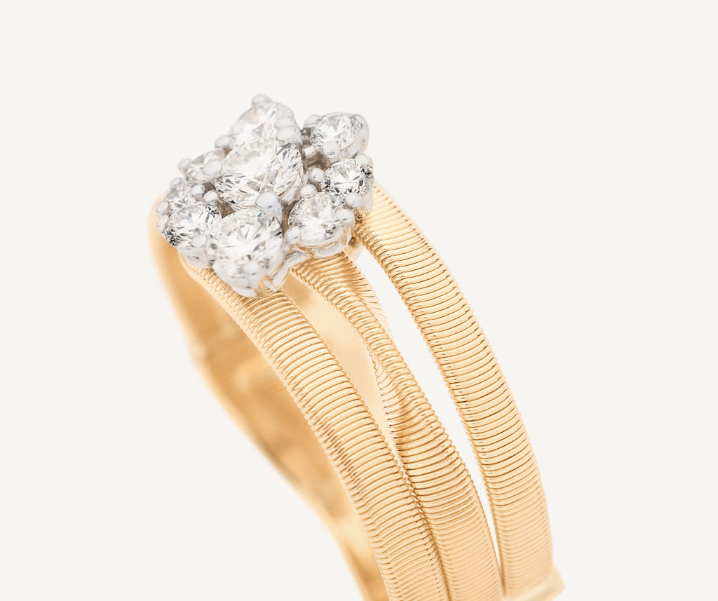 MARRAKECH 18K Yellow Gold 3-Strand Ring with Diamond Floral Cluster, Thin
