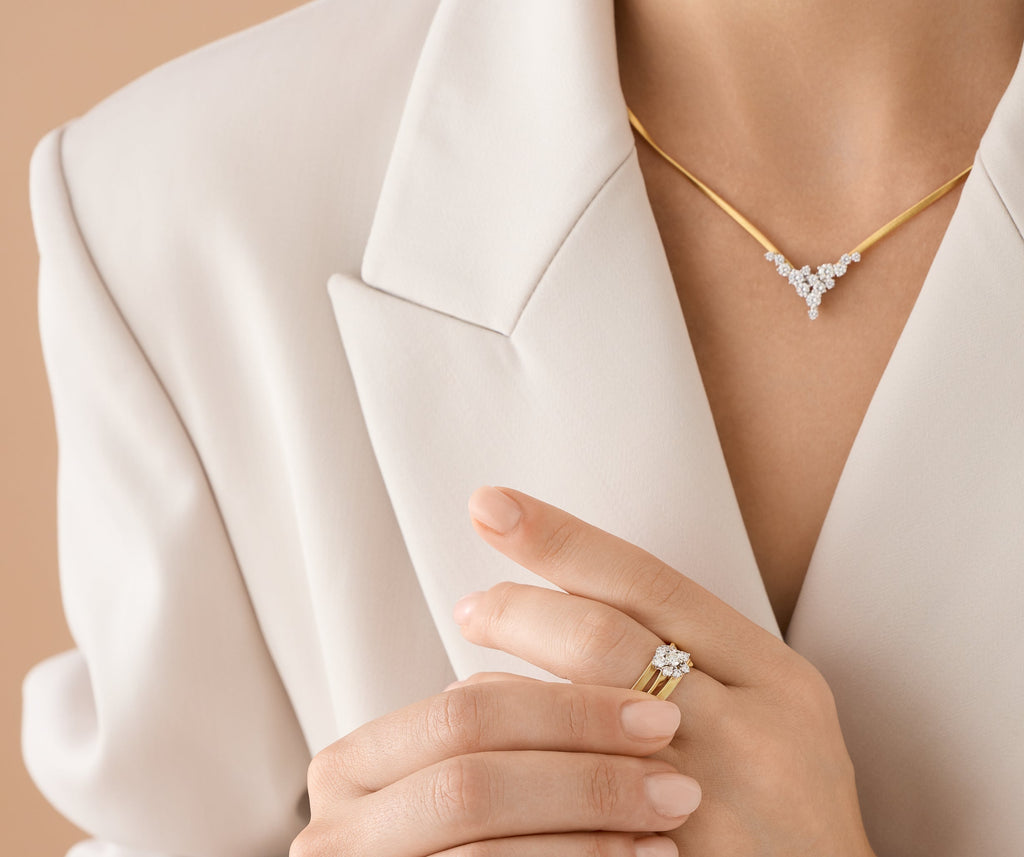 MARRAKECH 18K Yellow Gold 3-Strand Ring with Diamond Floral Cluster, Thin AG364_B2_YW_M5