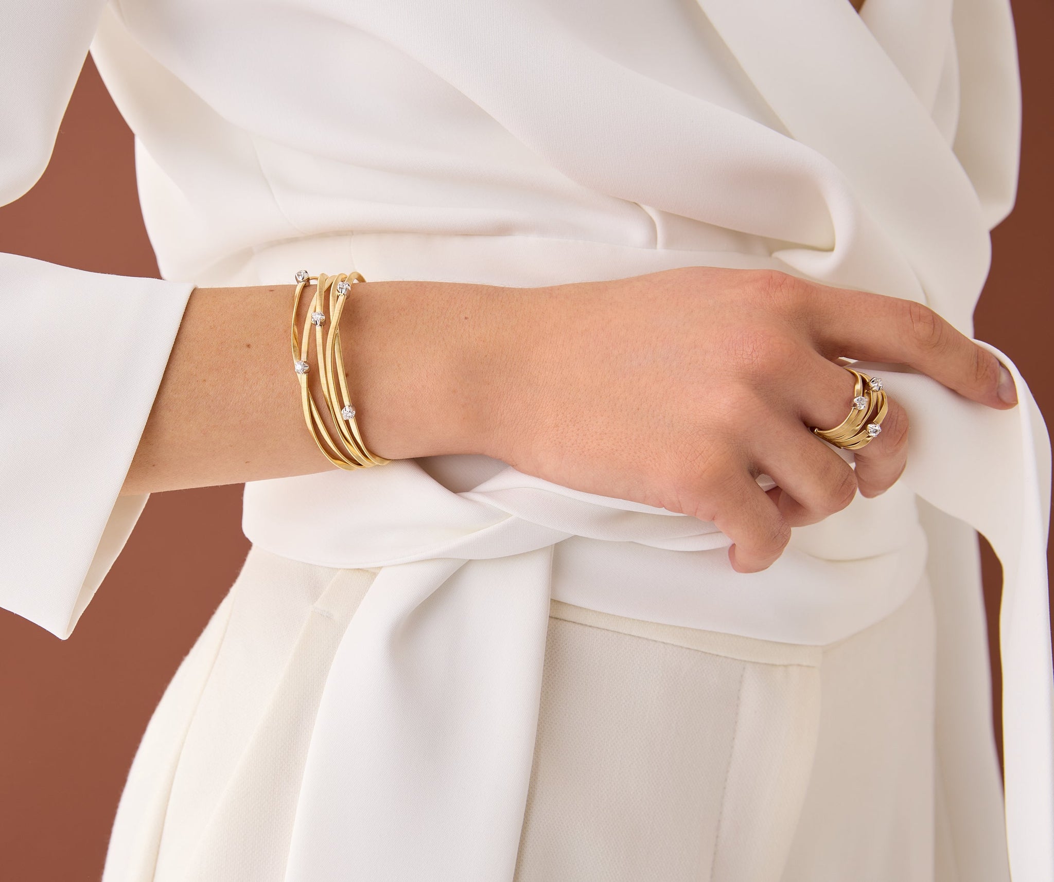 18K Yellow Gold Five Strand Coil Bracelet with Diamond Stations, 7