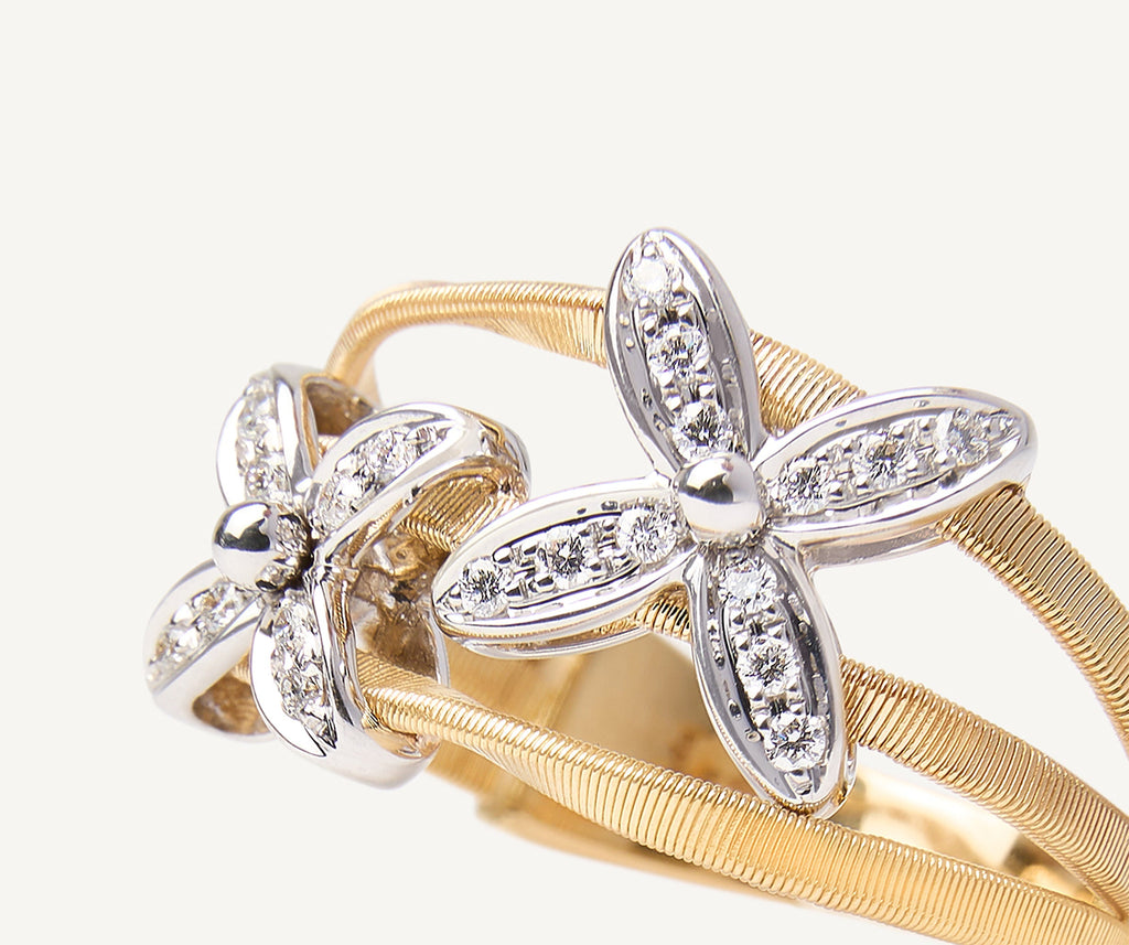 MARRAKECH ONDE 18K Yellow Gold Coil Ring with 2 Diamond Flower Accents