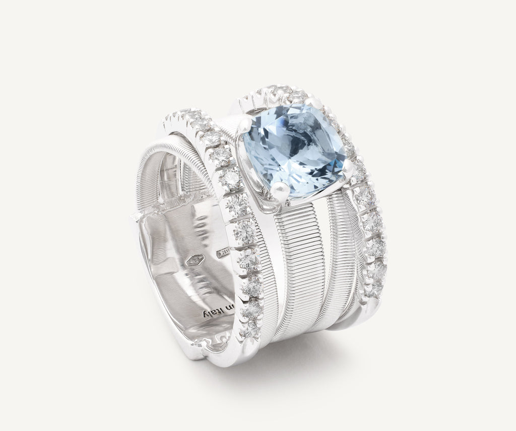 MASAI 18K White Gold Five-Strand Ring With Aquamarine and Diamonds