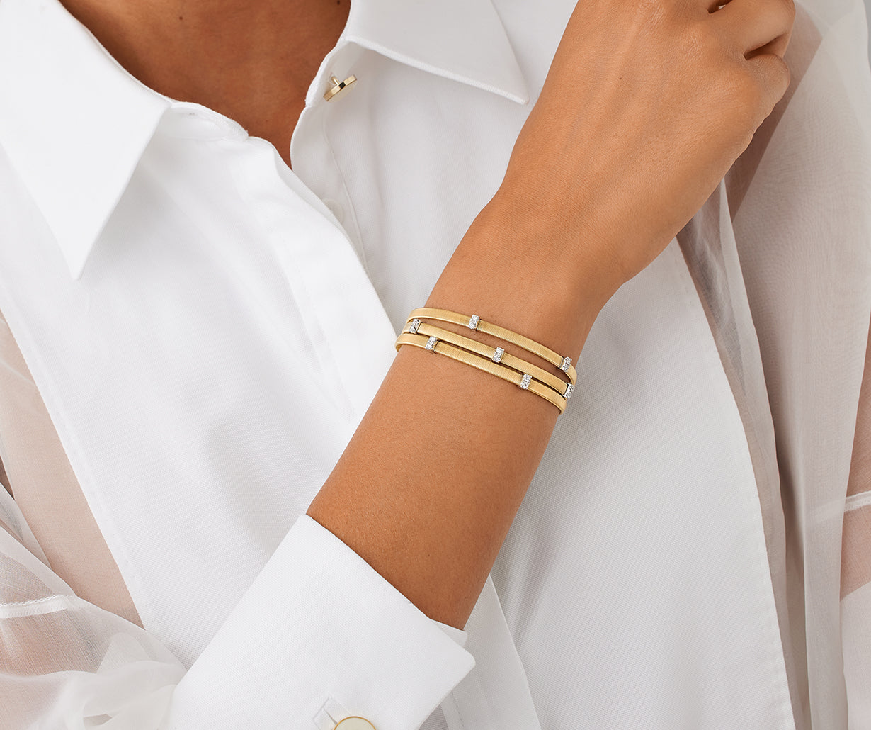 18K Yellow Gold 3-Strand Coil Bracelet With Diamonds