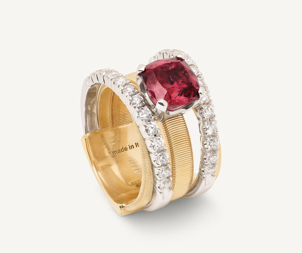 MASAI 18K Yellow Gold 5-Strand Ring With Pink Tourmaline and Diamonds
