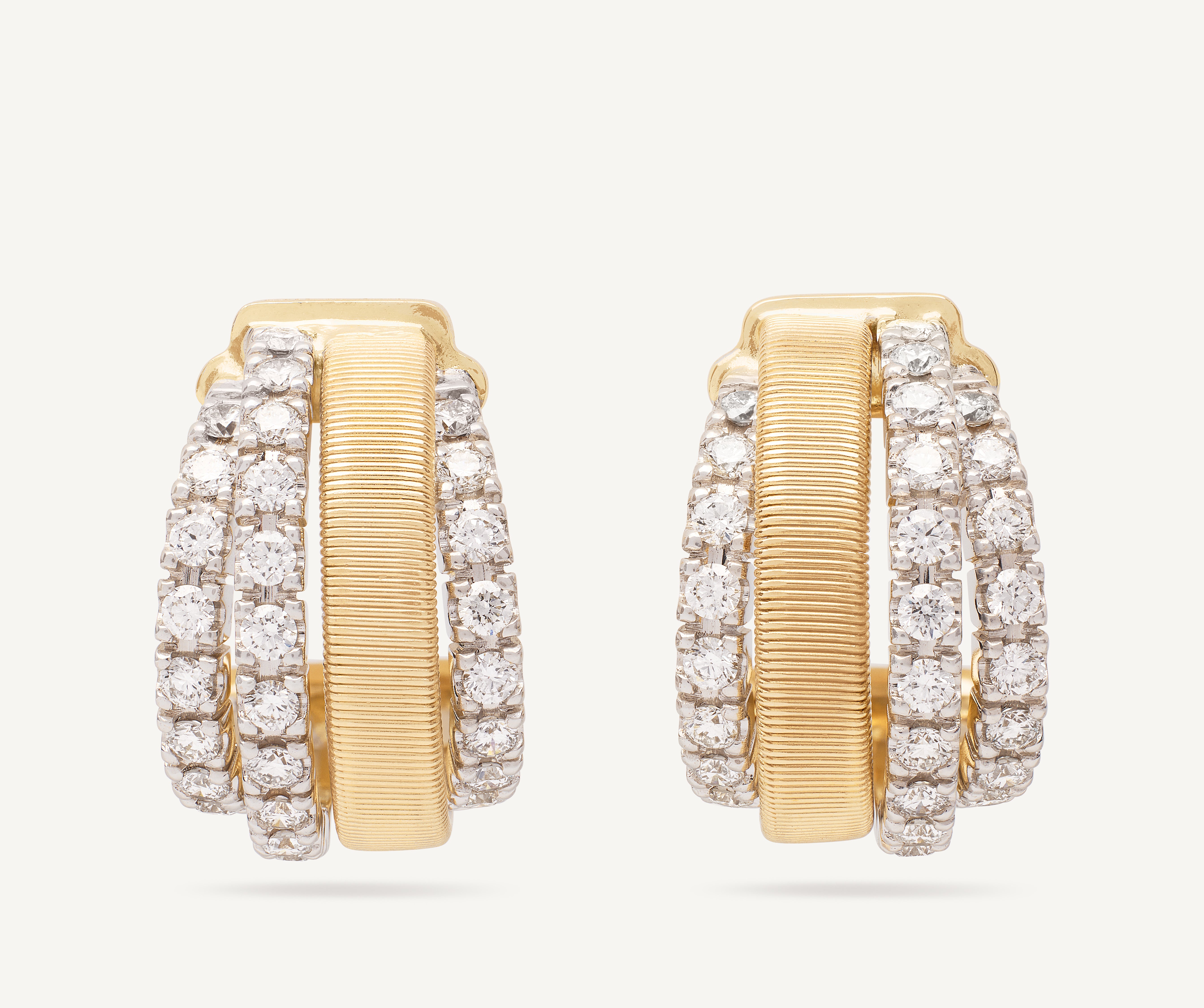 18K Yellow Gold Coil and 3 Row Diamond Huggie Earrings