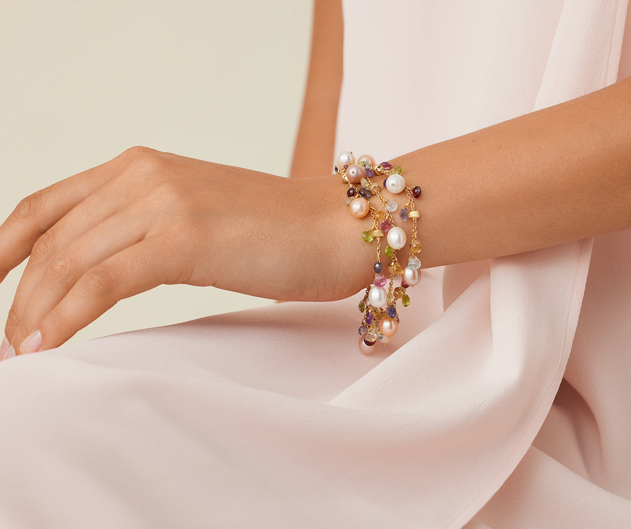 18K Yellow Gold 3-Strand Gemstone Bracelet With Freshwater