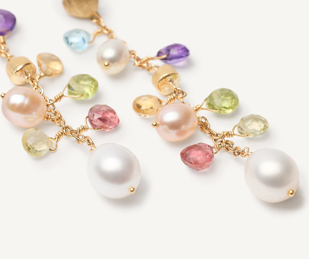 PARADISE 18K Yellow Gold Gemstone Earrings with Freshwater Pearls, Long OB1779_MIX114_Y_02