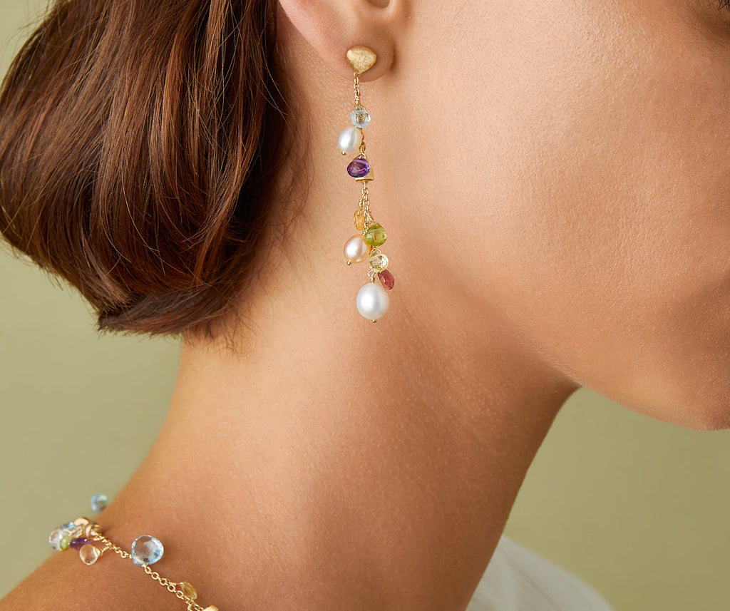 PARADISE 18K Yellow Gold Gemstone Earrings with Freshwater Pearls, Long OB1779_MIX114_Y_02