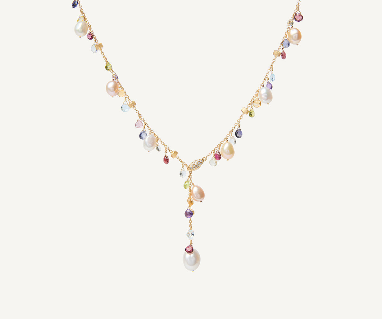 18K Yellow Gold Gemstone Lariat Necklace With Freshwater