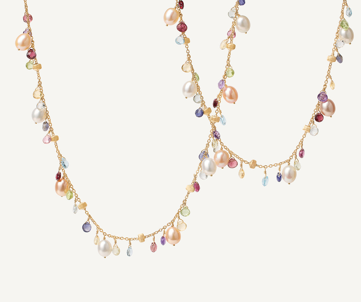 18K Yellow Gold Gemstone Necklace with Freshwater Pearls, Long