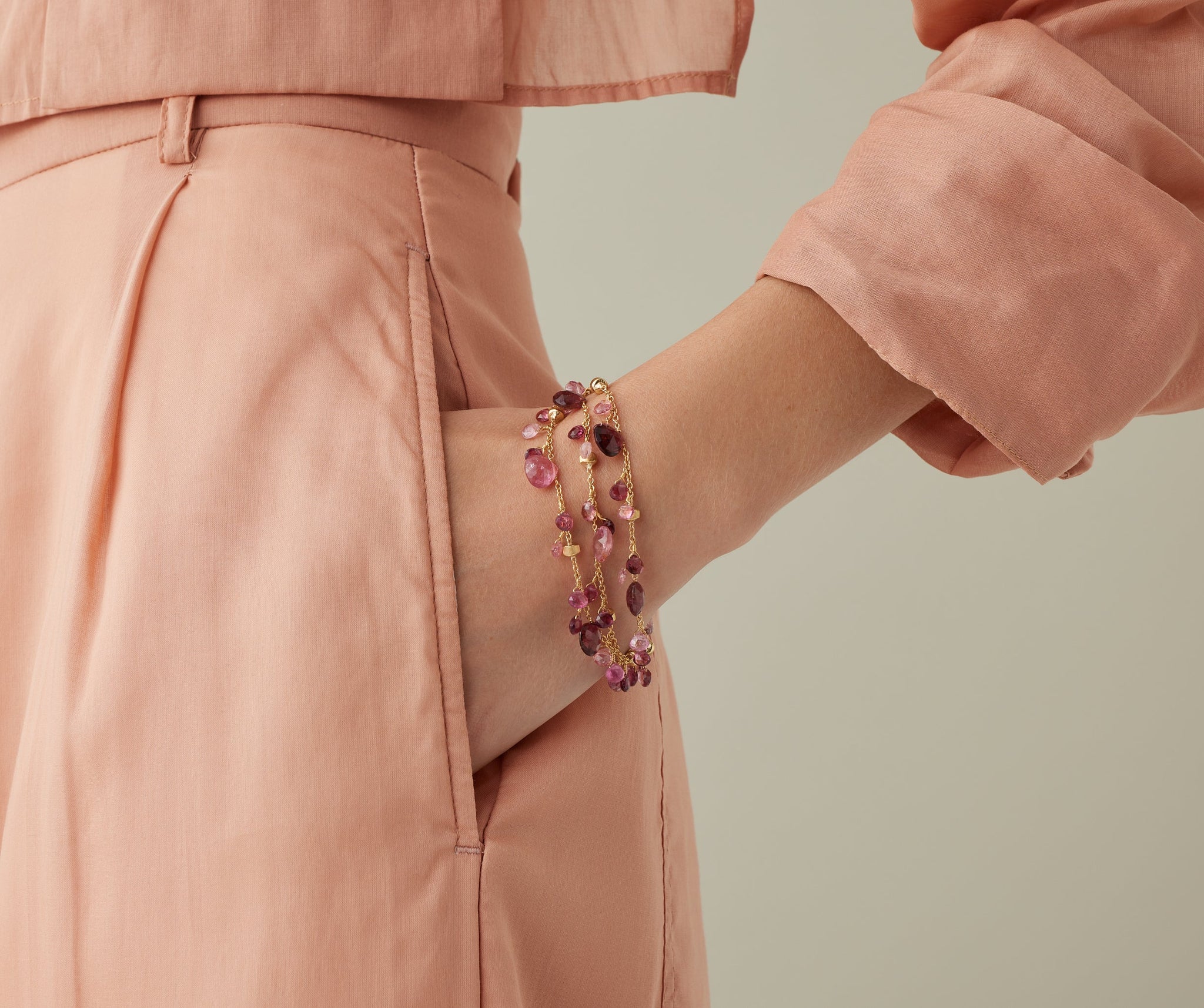 VERONIQUE BRANQUINHO シルクブラウス　ピンクベージュ 18K Yellow Gold Pink Tourmaline Three Strand Bracelet, 7.25
