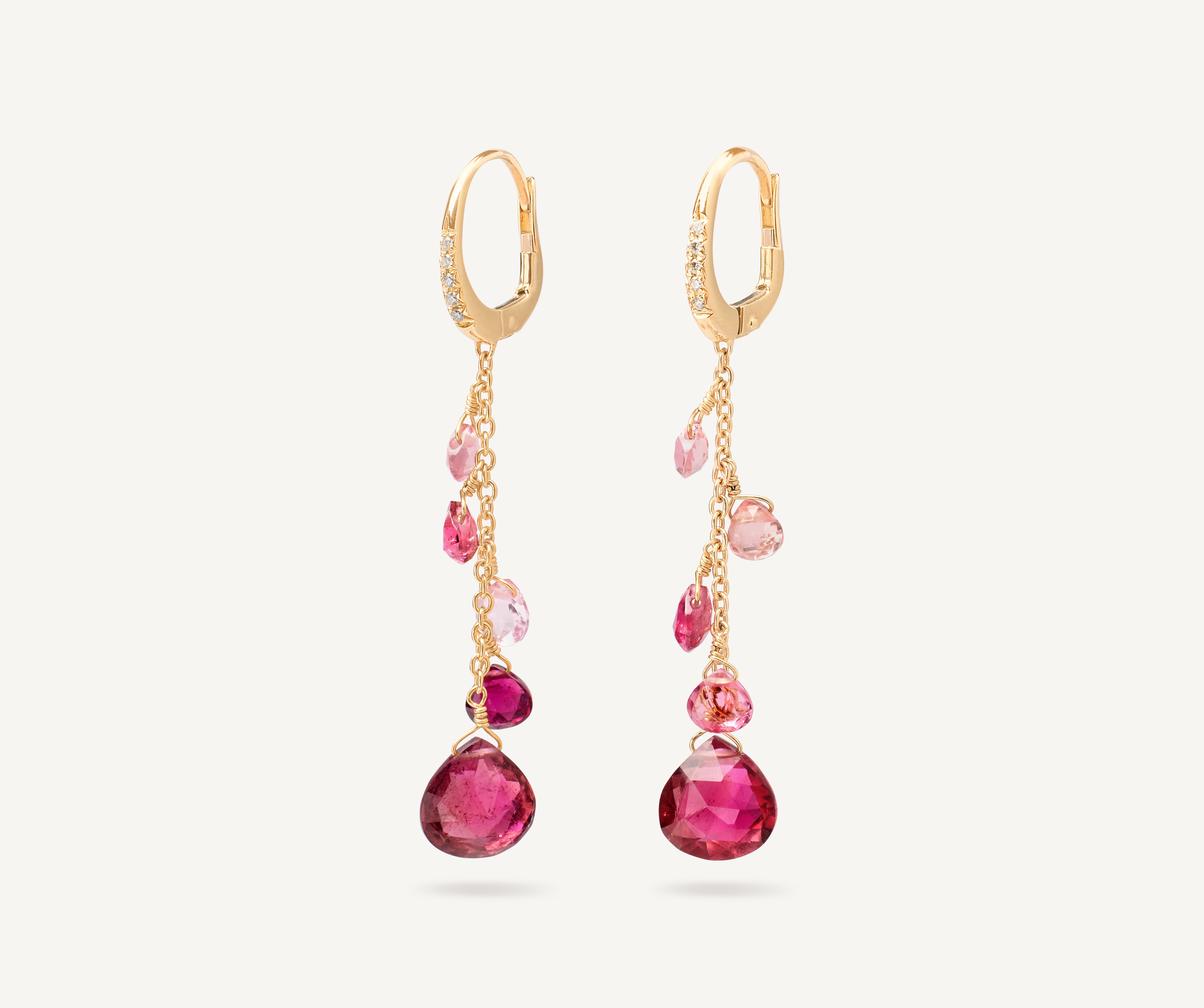 18K Yellow Gold Single-Strand Pink Tourmaline Earrings and
