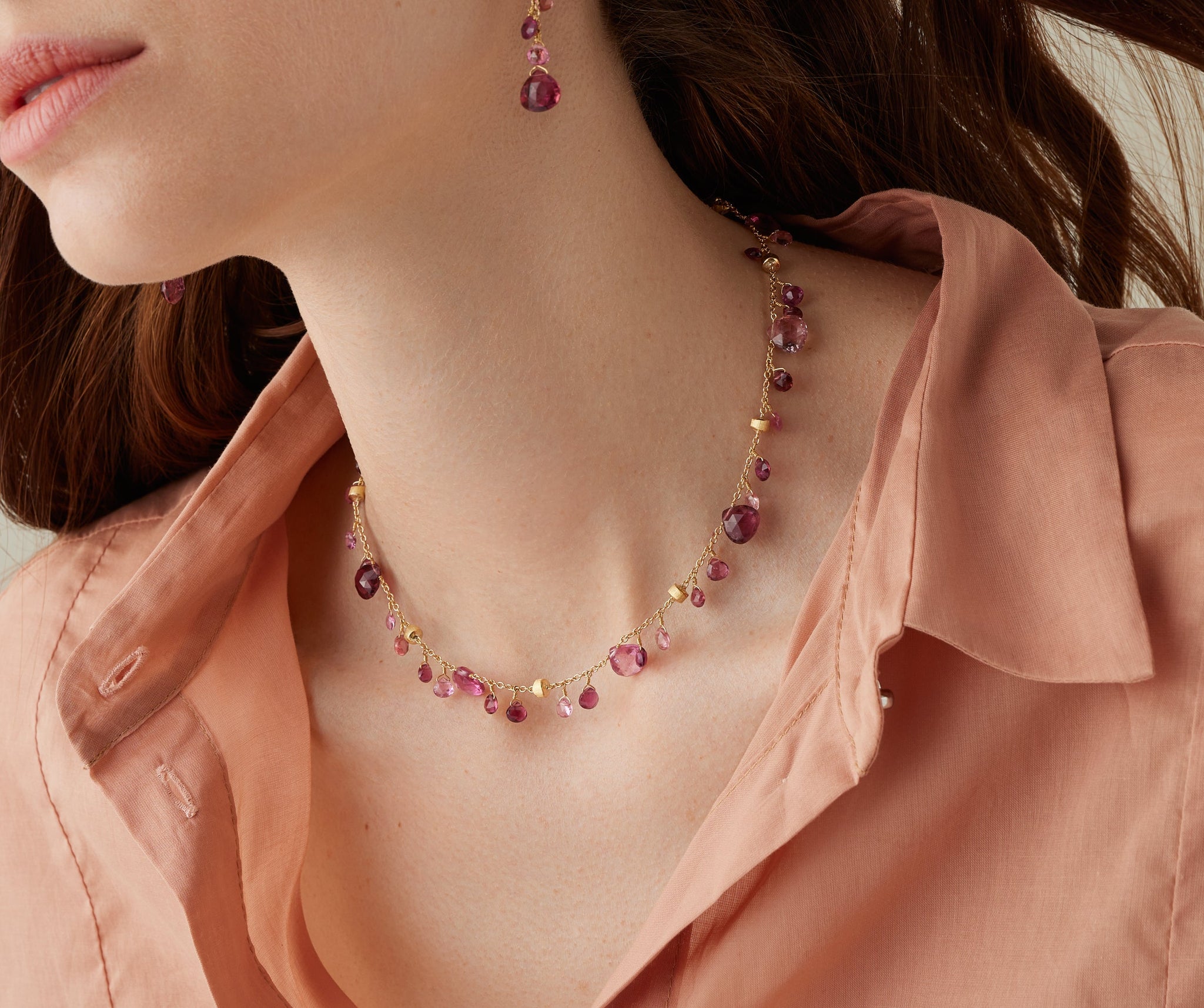 18K Yellow Gold Pink Tourmaline Necklace, 16.5