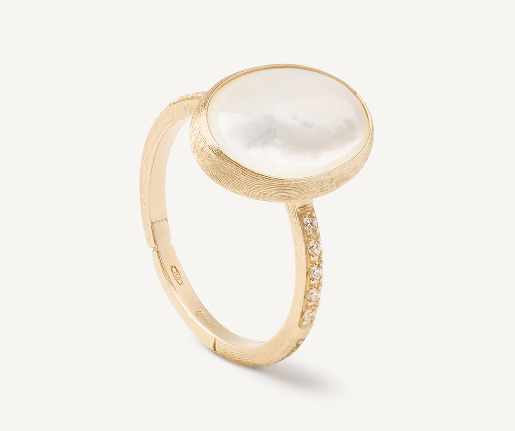 SIVIGLIA 18K Yellow Gold Mother of Pearl Ring with Diamond Pavé Shank
