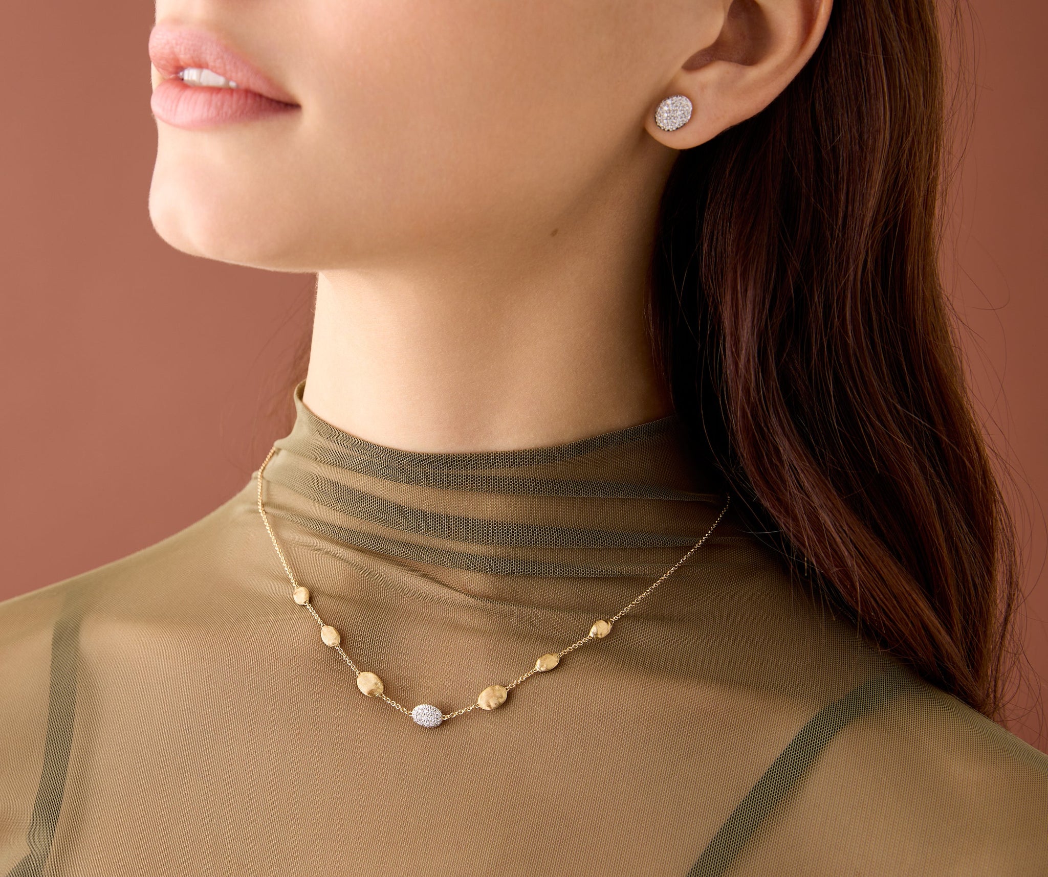 18K Yellow Gold Bean Halfsie Necklace with Diamonds, 16.5